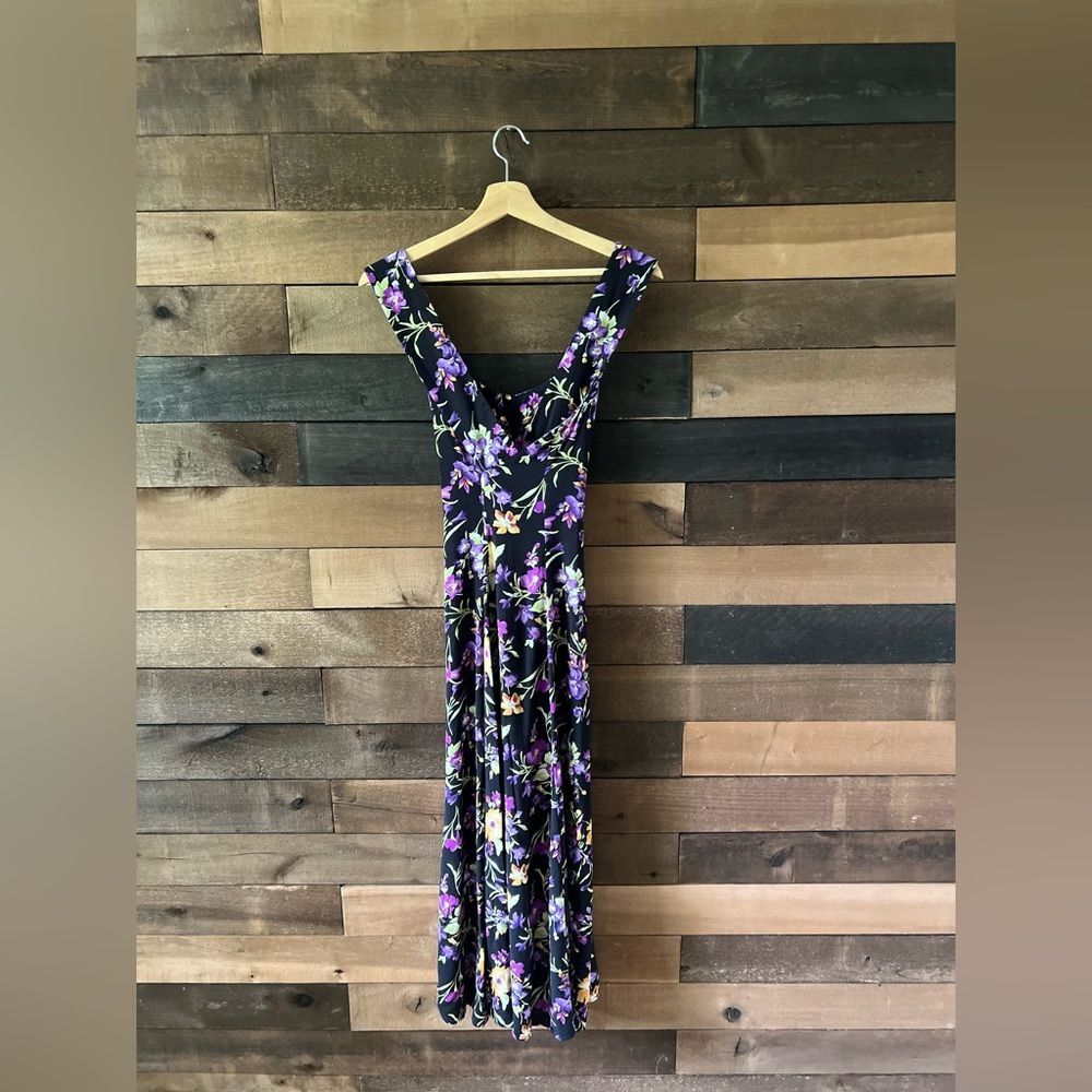 Vintage 80s All That Jazz Black Floral Midi Dress Crisscross Back Size 7/8 - Picture 6 of 16